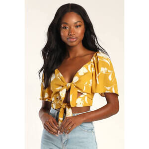 Lulus Tied For First Mustard Yellow Floral Print Tie-front Crop Top - Size S